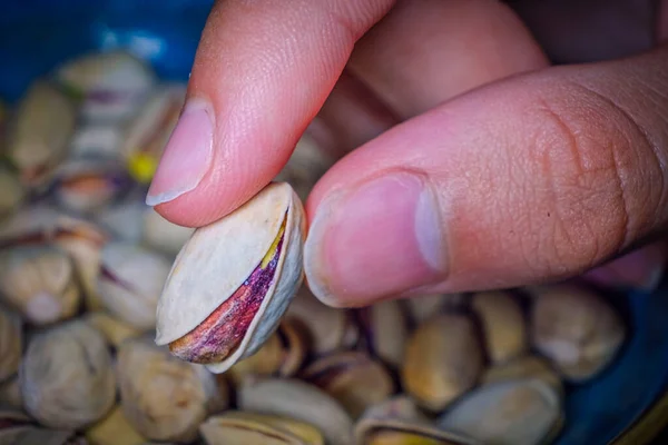 Boy Holding One Pistachios Full Bowl — Stock Photo, Image