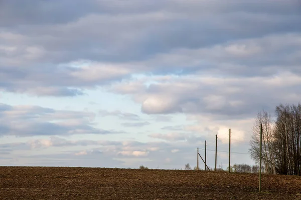 Campo Arato Alberi Sul Retro Contro Cielo Blu Paesaggio Primaverile — Foto Stock