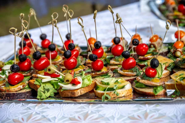 Mesa de boda con canapés y sándwiches — Foto de Stock