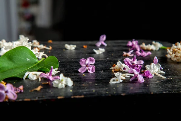 Fallen lilac flowers and leaf on the table