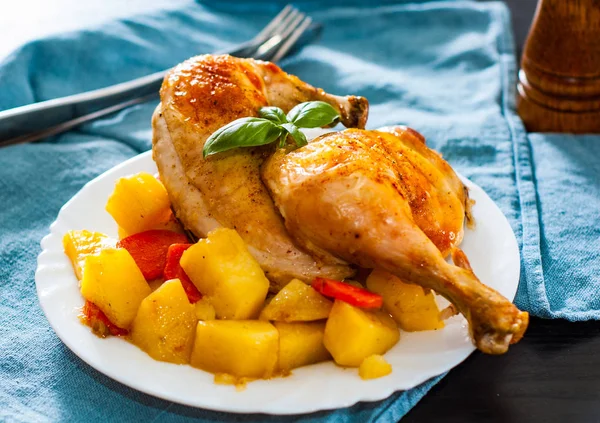 Roasted Half Chicken Carrots Onions Potatoes Served White Plate Table — Stock Photo, Image