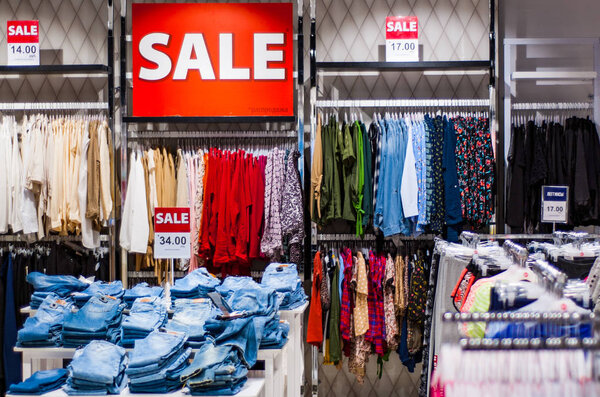 Minsk, Belarus - June 5, 2018: sale inside Clothing store at shopping center