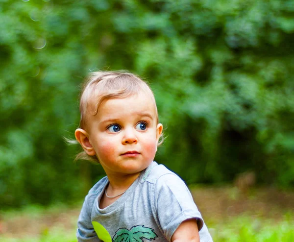 Podobizna Chlapce Miminko Modrýma Očima Parku — Stock fotografie