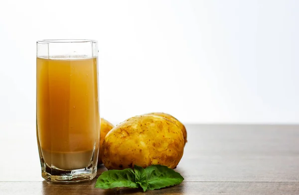 Glass Potato Juice Wooden Table White Background Copy Space — Stock Photo, Image