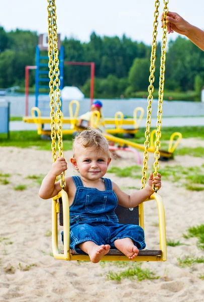 Baby Boy Having Fun Swing Spring Park — Stock Photo, Image