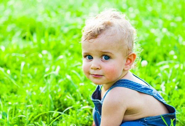 Cute Baby Boy Sitting Green Grass Park — Stock Photo, Image