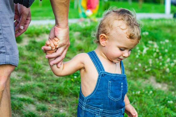 Baby Boy Park Förtroende Familj Händerna Barn Son Och Far — Stockfoto