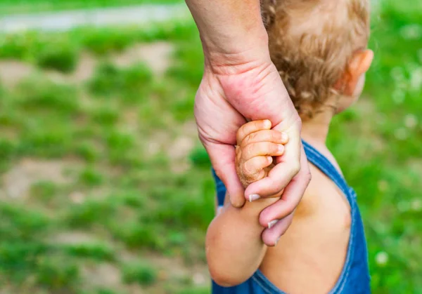 Niño Parque Confiar Las Manos Familia Del Hijo Padre Campo — Foto de Stock