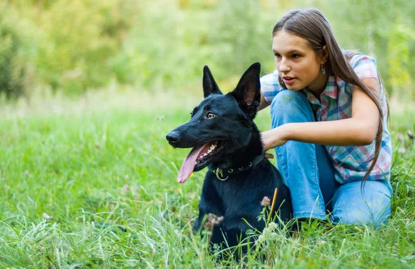 Portrait Young Teenage Girl Shepherd Dog Park Outdoor — Stock Photo, Image