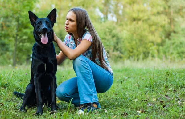 Portrait Young Teenage Girl Shepherd Dog Park Outdoor — Stock Photo, Image