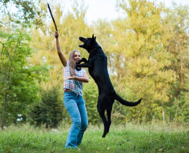 Genç Genç kız bir çoban köpeği açık parkta oynamak