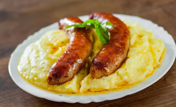 Bangers Churrasco Carne Bovina Bordo Salsicha Café Manhã Close Cozinhar — Fotografia de Stock