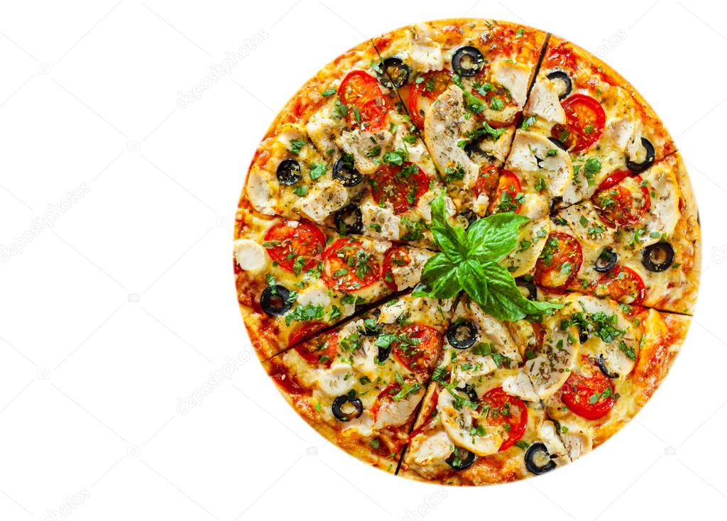 Pizza with Chicken meat, Mozzarella cheese, tomato, olive. Italian pizza isolated on white background. with copy space. top view