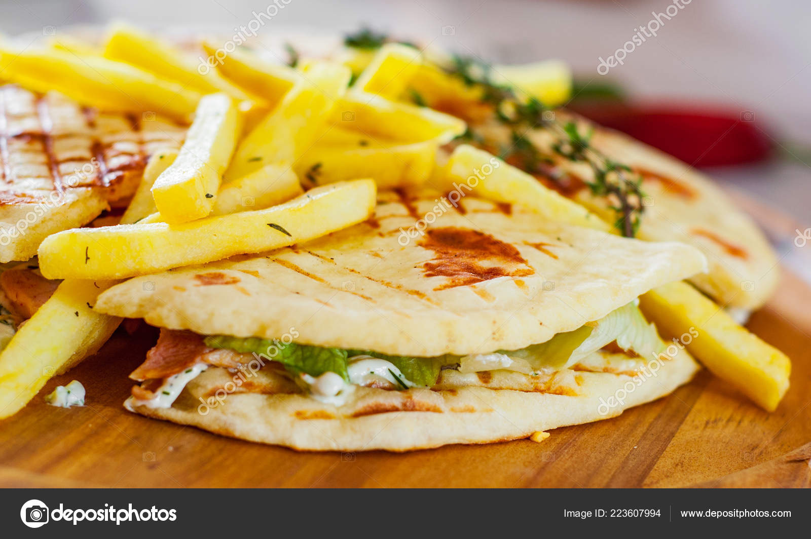 Skepasti Sauce Skepasti Pork Gyros Meat Tzatziki Sauce Vegetables Cheese French Fries Stock Photo C Semenovp 223607994