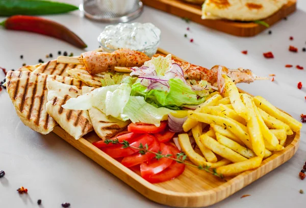 Greek Chicken Souvlaki Salad French Fries Potato Pita Tzatziki Sauce — Stock Photo, Image