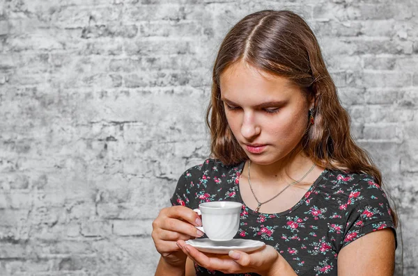 Portrait Young Teenager Brunette Girl Long Hair Holding Cup Espresso — Stock Photo, Image