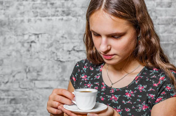 Portrait Young Teenager Brunette Girl Long Hair Holding Cup Espresso — Stock Photo, Image