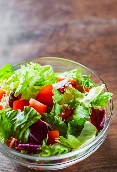 Various Fresh Mix Salad Leaves Tomato Glass Bowl Wooden Background — Stock Photo, Image