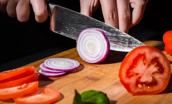 Chefs Hands Chopping Onion Wooden Board — Stock Photo, Image