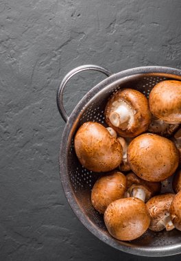 Taze çiğ mantar şampiyonları paslanmaz çelik kevgir ile koyu gri arka planda fotokopi alanı ile. en üstteki görünüm