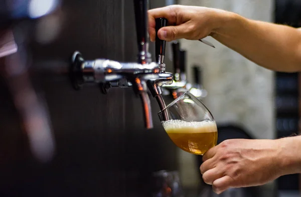 bartender hand at beer tap pouring a draught beer in glass serving in a restaurant or pub