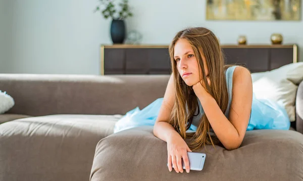 Portrait Young Teenager Brunette Girl Long Hair Lying Sofa Home — Stock Photo, Image