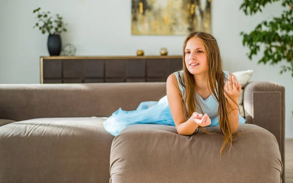 Portrait Young Teenager Brunette Girl Long Hair Lying Sofa Home — Stock Photo, Image