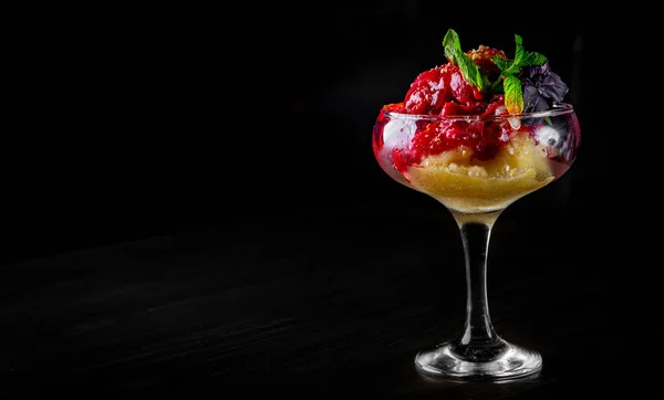 Fruit Sorbet Ice Cream Glass Bowl Black Wooden Table Background — Stock Photo, Image