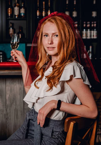 Portrait Young Woman Sitting Bar Drinking Wine Alone — Stock Photo, Image