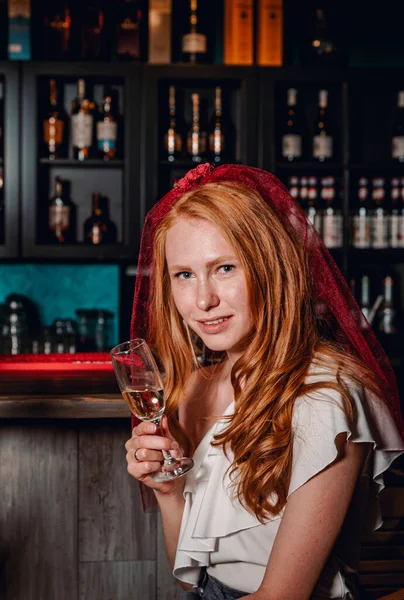 Portrait Young Woman Sitting Bar Drinking Wine Alone — Stock Photo, Image