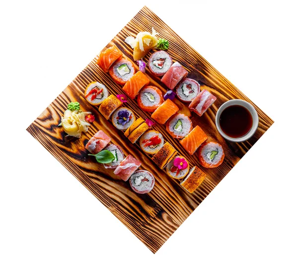 Set Sushi Roll Salmon Avocado Cream Cheese Cucumber Rice Caviar — Stock Photo, Image
