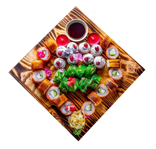 Set Sushi Roll Salmon Avocado Cream Cheese Cucumber Rice Caviar — Stock Photo, Image