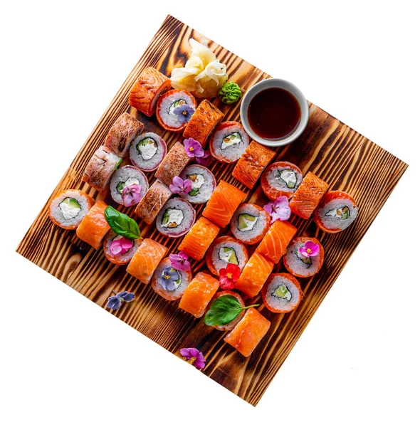 Set Sushi Roll Salmon Avocado Cream Cheese Cucumber Rice Caviar — Stock Photo, Image
