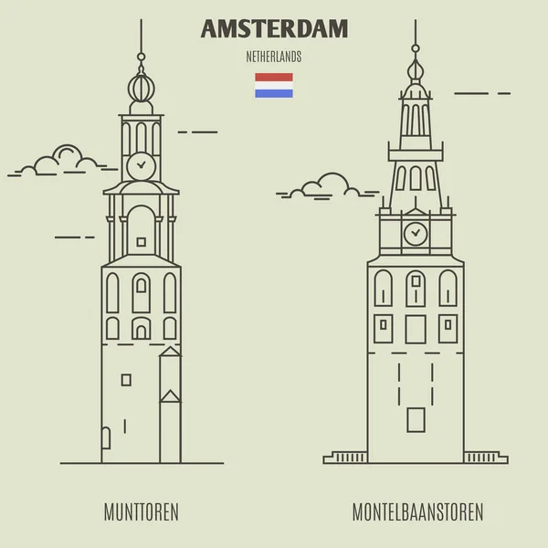 Munttoren Torens Van Montelbaanstoren Amsterdam Nederland Landmark Pictogram Lineaire Stijl — Stockvector