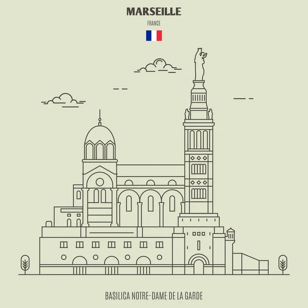 Basilica Notre Dame Garde Marsiglia Francia Icona Riferimento Stile Lineare — Vettoriale Stock