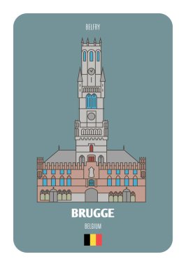 Brugge, Belçika 'da çan kulesi. Avrupa şehirlerinin mimari sembolleri. Renkli vektör 