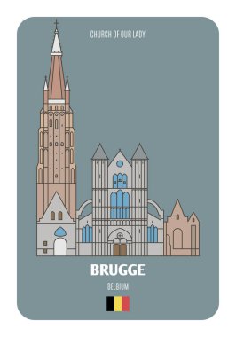 Brugge, Belçika 'daki Meryem Kilisesi. Avrupa şehirlerinin mimari sembolleri. Renkli vektör 