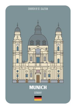 Almanya, Münih 'teki St. Cajetan Kilisesi. Tarihi eser simgesi. Avrupa şehirlerinin mimari sembolleri. Renkli vektör 