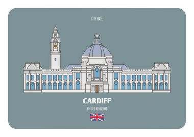 Cardiff, İngiltere 'deki belediye binası. Avrupa şehirlerinin mimari sembolleri. Renkli vektör 