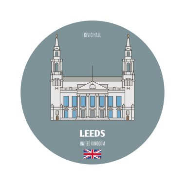İngiltere, Leeds 'teki Civic Hall' da. Avrupa şehirlerinin mimari sembolleri. Renkli vektör 