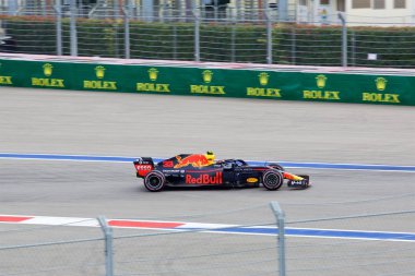 Soçi, Rusya - 30 Eylül 2018: Max Verstappen Sochi Autodrom, Formula bir Rus Grand Prix yarış yarış Aston Martin Red Bull Racing F1 takımı.