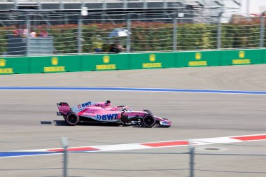 Sochi, Russia - September 30, 2018: Sergio Perez of Racing Point Force India F1 Team racing at the race of Formula One Russian Grand Prix at Sochi Autodrom. clipart