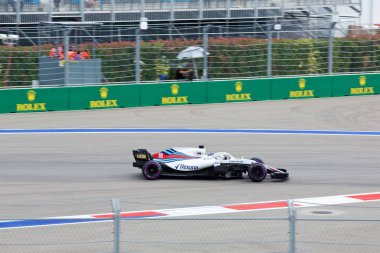 Soçi, Rusya - 30 Eylül 2018: Lance Stroll Sochi Autodrom, Formula bir Rus Grand Prix yarış yarış Williams Martini Racing F1 takımı.