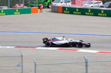 Soçi, Rusya - 30 Eylül 2018: Lance Stroll Sochi Autodrom, Formula bir Rus Grand Prix yarış yarış Williams Martini Racing F1 takımı.