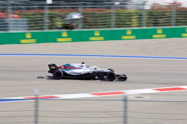 Soçi, Rusya - 30 Eylül 2018: Lance Stroll Sochi Autodrom, Formula bir Rus Grand Prix yarış yarış Williams Martini Racing F1 takımı.