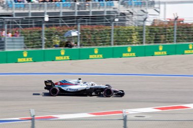 Soçi, Rusya - 30 Eylül 2018: Lance Stroll Sochi Autodrom, Formula bir Rus Grand Prix yarış yarış Williams Martini Racing F1 takımı.