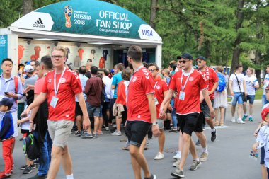  Moskova, Rusya - 26 Haziran 2018: Fransa ve Danimarka Luzhniki Stadı nda arasında Dünya Kupası C grubu oyun sırasında kutluyor Fransızca ve Danimarka hayranları