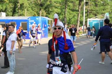  Moskova, Rusya - 26 Haziran 2018: Fransa ve Danimarka Luzhniki Stadı nda arasında Dünya Kupası C grubu oyun sırasında kutluyor Fransızca ve Danimarka hayranları