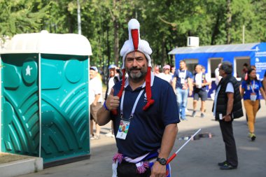  Moskova, Rusya - 26 Haziran 2018: Fransa ve Danimarka Luzhniki Stadı nda arasında Dünya Kupası C grubu oyun sırasında kutluyor Fransızca ve Danimarka hayranları