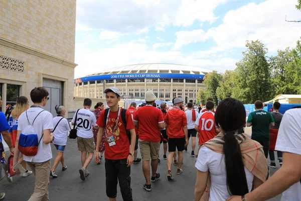 莫斯科, 俄罗斯-2018年6月26日: 世界杯比赛期间的球迷庆祝在卢日尼基体育场法国和丹麦之间的游戏 — 图库照片